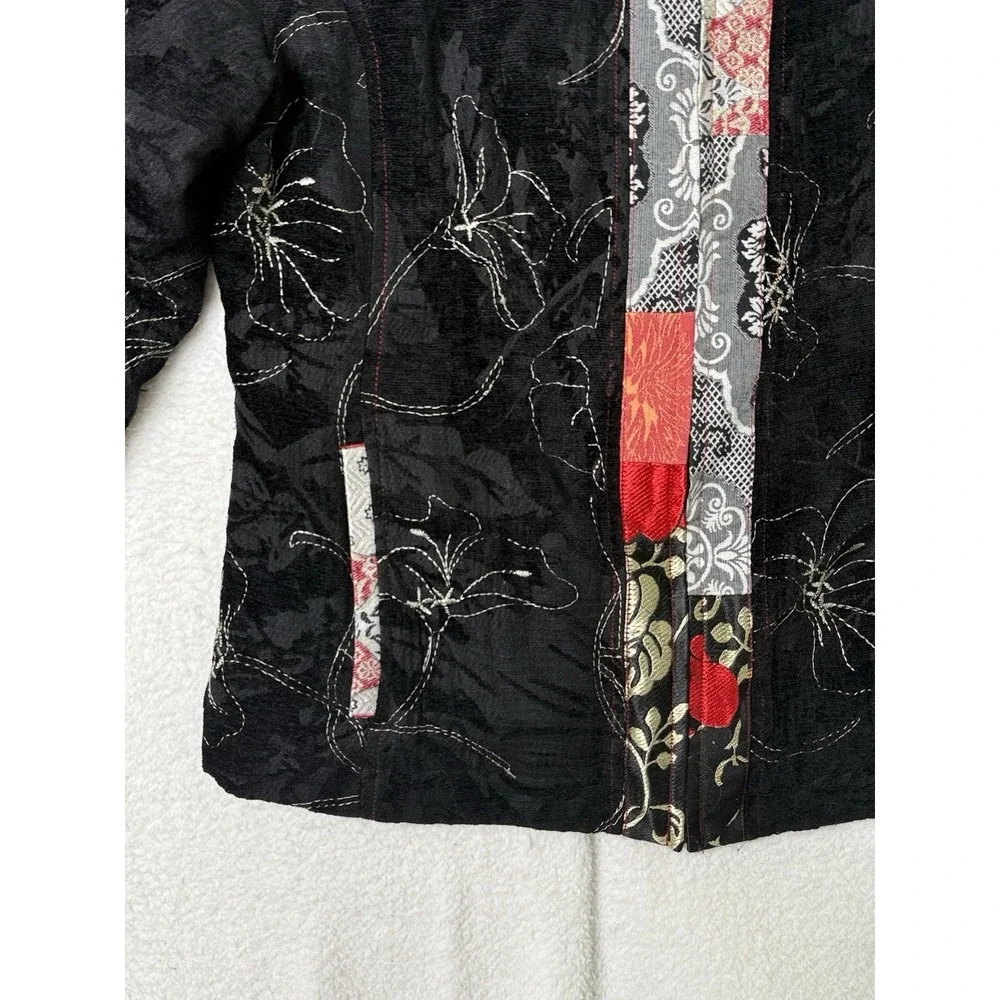 Chicos Full Zip Jacket Floral Silk Linen Artsy Patchwork Size 1 Medium